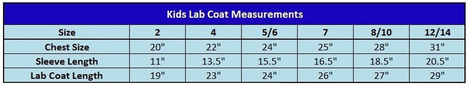 Kids Lab Coat Sizes
